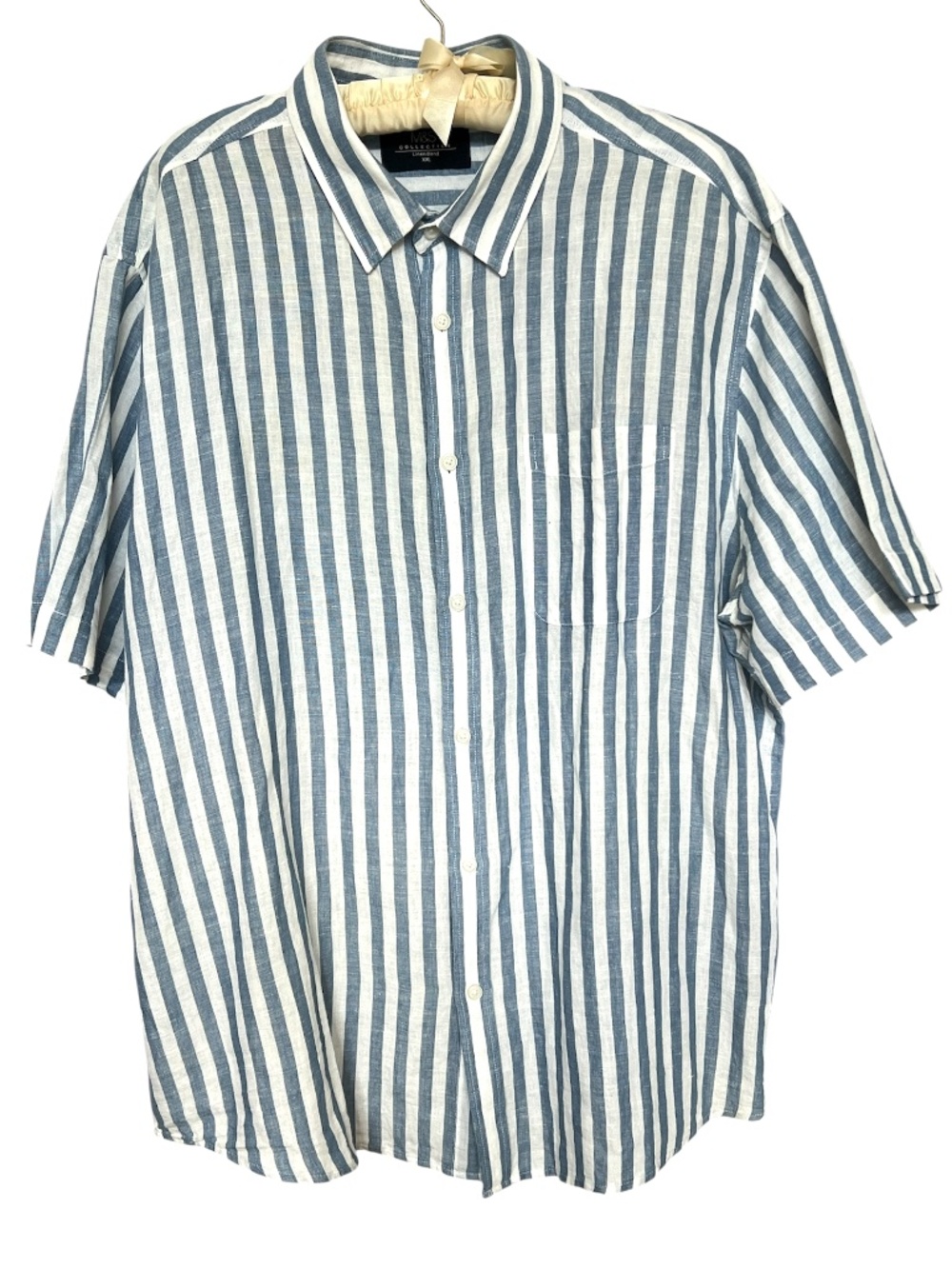 M&S Shirt Button Down Flax Linen Size XX Large Blue White Striped Short Sleeve